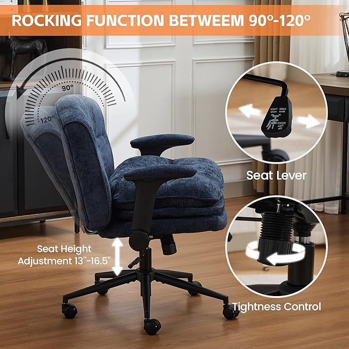 Criss Cross Chair with Flip-up Arms, Wide Criss Legged Chair with 3 Layer Cushion, Ergonomic Office Desk Chair with Wheels, Swivel Vanity Chair for Office, Living Room, Bedroom, Chenille Blue