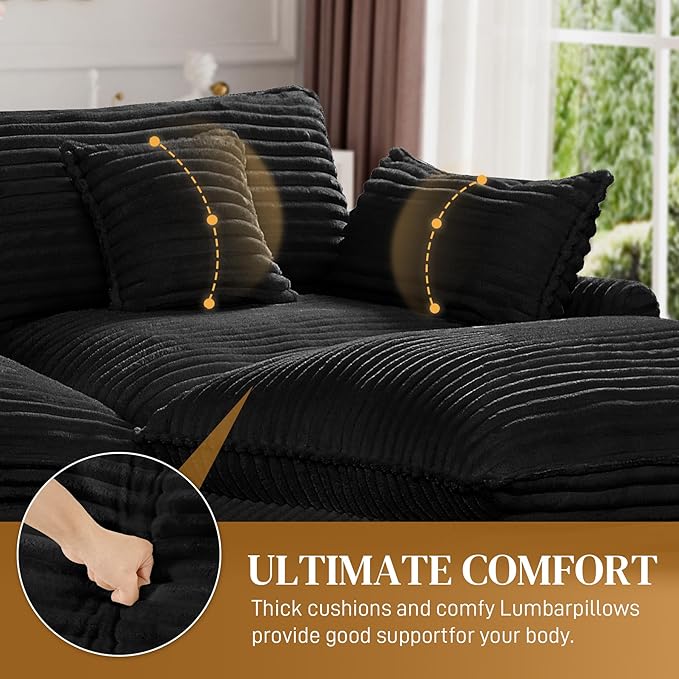 HYJT-H&K 74" L Shaped Cloud Couch Modular Small Sectional Couches for Living Room Small Spaces, Comfy Fluffy Corduroy Cloud Loveseat with Ottoman 3 Seat Sectionals Sofa, Black