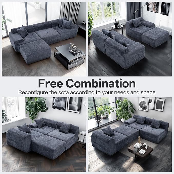 119’’ Modular Sectional Sofa Couch with Chaise, Deep Seat Cloud Couch for Living Room, Modern Chenille Upholstered Sectional with Throw Pillows, Compression Modular Sofa for Apartment or Bedroom, Blue