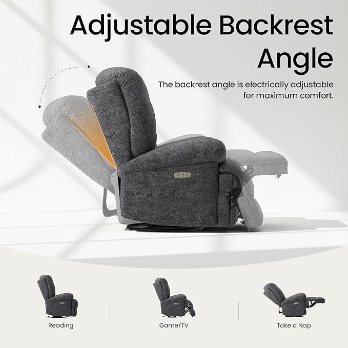 COLAMY Floren Power Swivel Recliner Chair with USB & Type-c Charge,Oversized and Padded Upholstered Deep Seat and Armrest，Rocking Recliner with Double Storage Pockets,Dark Gray