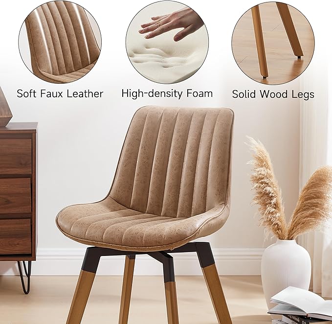 Art Leon Swivel Dining Chairs Set of 2, Mid Century Modern Kitchen Dining Room Chairs, Upholstered Faux Leather Armless Side Chair with Wood Legs for Living Room Bedroom, Brown