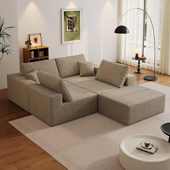 139" Boneless Cloud Sectional Sofa, Modular L-Shaped Couch with Deep Seats, Compressed Frameless Corduroy Sofa in Boxes, No Assembly Required, 4-Seater with Right-Facing Chaise, Grey