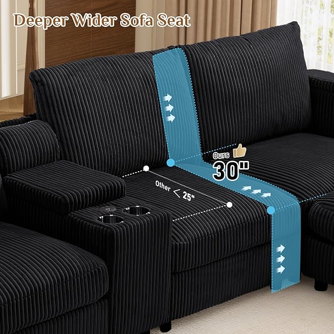 153" W x 60" D U Shape Sectional Sofa with USB Charging & Cup Holder & Storage, 6 Seater Plush Corduroy Couches with Movable Ottoman, Cloud Couch Sofas for Living Room, DIY Combination - Black
