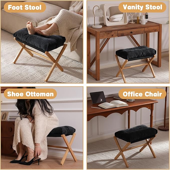 Ottoman Foot Rest- Bamboo Foldable Stool, Foot Stools Small Ottman with Upholstered & X Legs, Folding Stool for Makeup, Bedroom and Living Room (Black)