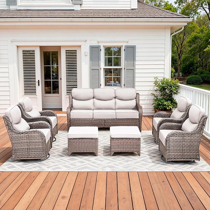 Pugire Luxury High Back Patio Furniture Set with 6-Inch Thick Cushions, 7-Pieces Outdoor Furniture with Swivel Chairs, Wicker Conversation Set for Porch, Balcony, Deck and Yard, Brown/Beige