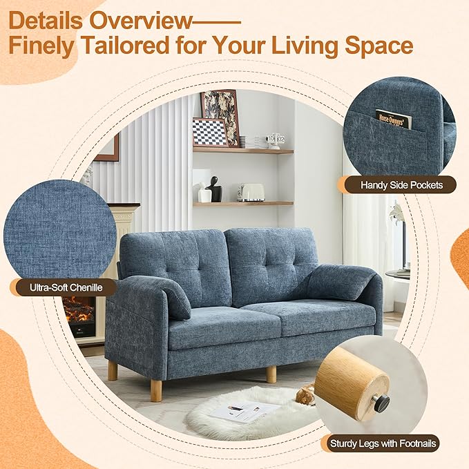 WUTUTUEE 65" Chenille Loveseat Sofa, Modern 2-Seater Love Seat Couch with Armrest Pillows, Storage Pockets, Easy Assembly, Upholstered Tufted Loveseat Sofa Couches for Living Room Bedroom, Blue