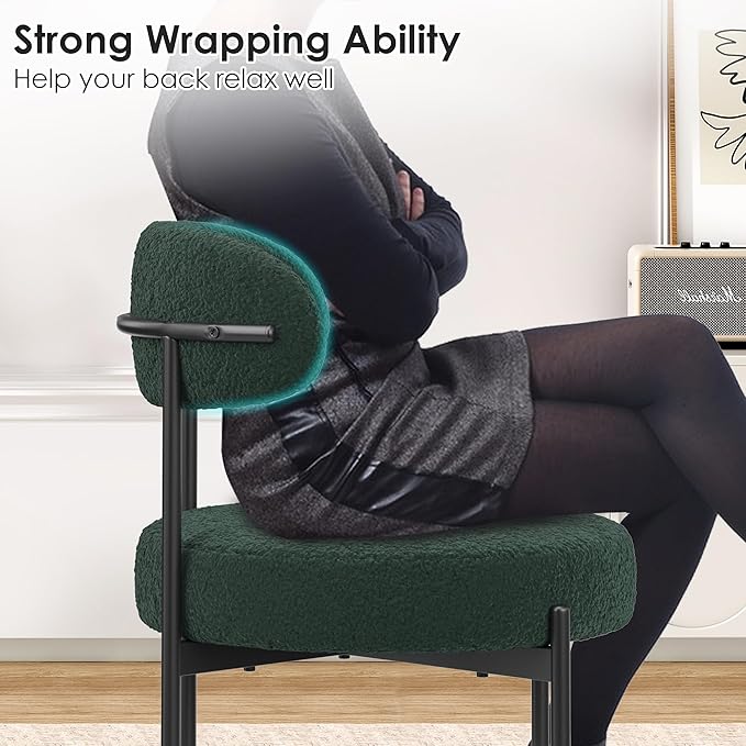 Farini Dining Chairs Set of 4,Mid-Century Modern Kitchen Chair Curved Backrest Round Upholstered Sherpa Dining Chairs with Metal Legs,Green