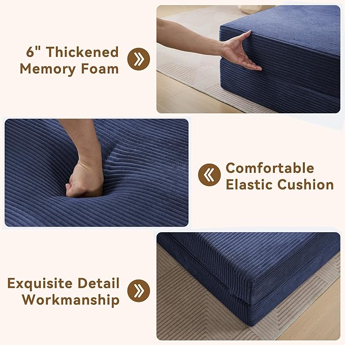 Folding Sofa Bed Convertible Floor Couch Foldable Chair Bed with Pillow，Linen Sleeper Chair Futon,Foldable Memory Foam Mattress for Bedroom/Living Room/Dorm/Office (Corduroy Navy, Standard)