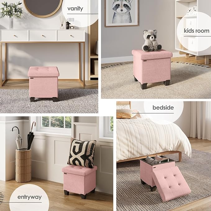 Storage Ottoman Cube with Small Bin, 16-in Square Ottoman with Storage for Living Room and Bedroom, Small Ottomans Foot Rest, Fabric Foot Stools Ottomans Max 330lbs, Pink