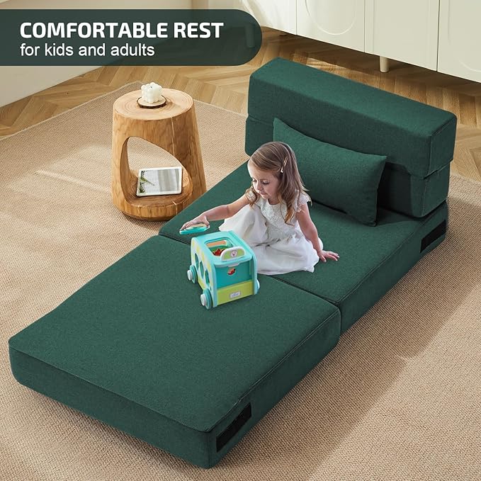 Folding Sofa Bed with Pillow- Convertible Chair Floor Couch & Sleeping Mattress, Foldable Memory Foam Sleeper for Living Room/Dorm/Guest Room/Home Office/Apartment/Loft, Single28, Dark Green