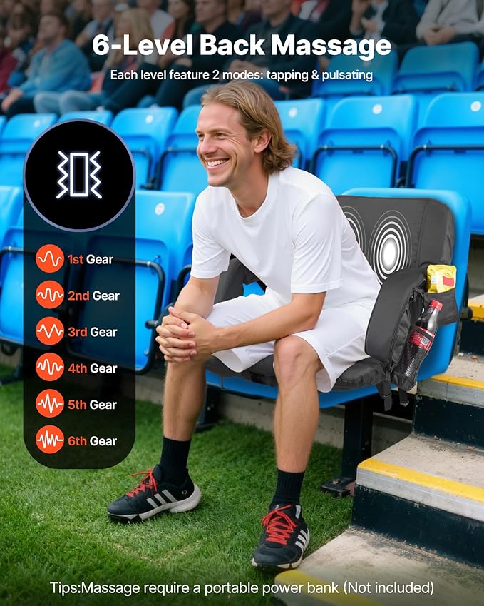 VEVOR Stadium Seat, 25 inch Heated Stadium Chair, Bleacher Seat Heated with 4 Pockets for Bleachers, 3 Level Heating & 6 Modes Vibration Portable Heating Stadiums Chair for Camping, Sports Events
