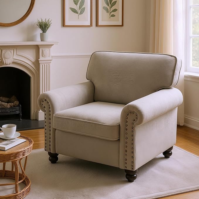 Nailhead Armchair, Rolled Arms Accent Chair for Living Room, Single Sofa Chair with Springs Seat Cushion & Wooden Legs, Mid-Century Armchair for Apartment, Office, Farmhouse, Beige