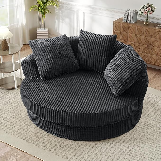 61"W Oversized Round Chaise Lounge Chair Indoor, Upholstered Corduroy Large Circle Boneless Chair with Deep Seat, No Assembly Required, Modern Comfy Cloud Sofa Chairs for Living Room, Bedroom(Grey)