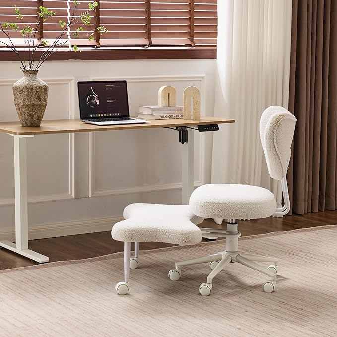 Meditation Chair with Lumbar Support, Ergonomic Floor Sitting Chair Adjustable Height, Cross Legged Chair for Office, Yoga & Mindfulness, Cushioned Seat with Wheels (Beige)