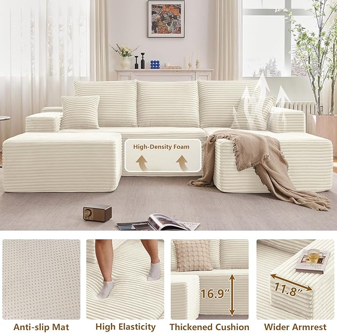 Lakifun 107" U-Shape Cloud Couch, Modern Modular Sectional Comfy L-Shape Sofa with Ottoman, Deep Seat, Upholstered Corduroy Sleeper Chaise Longue for Living Room Bedroom, No Assembly Required, White