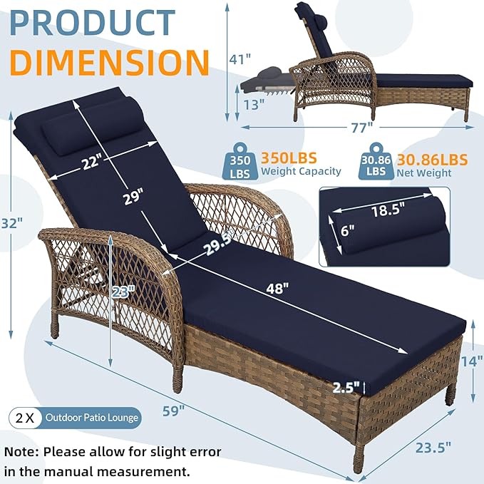 WINGTU Outdoor Chaise Lounge Chair Set of 2, PE Wicker Recliner Patio Reclining Sunbathing Chair with Cushion, 6-Position Patio Lounge Chair with Adjustable High Backrest, Armrest & Pillow, Navy Blue