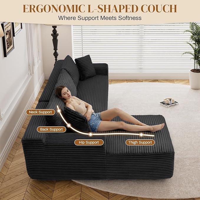 95" Boneless Cloud Sectional Couches for Living Room, Comfy Fluffy L Shaped Memory Foam Deep Seat Boneless Couch, Modular Sectional Sofa with Right Facing Chaise, Black