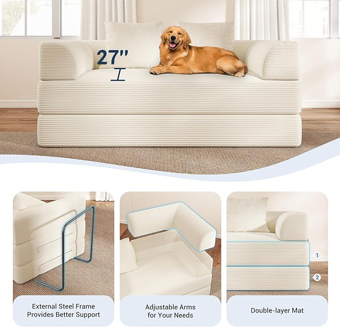 Cloud Boneless Convertible Floor Sofa Bed, 70" 4-in-1 Foldable Compressed Loveseat Lounge Sleeper 2 Seater Couches, High-Density Sponge & Corduroy Fabric Futon Daybed for Living Room Bedroom(Beige)