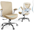 Office Home Ergonomic Desk Chair-Computer X-Shaped Chair Mesh PU Leather with Adjustable Lumbar Support-Executive Chair High Back Flip-Up Arms for Long Hours (Khaki-No Headrest)