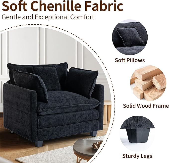 SweetGO corporation 40" Chenille Lounge Chair for Reading, Modern Couch Cozy Sofa Bed, Upholstered Living Room Single Sofa Accent Chair with Ottoman, Black