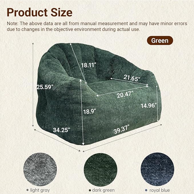 Giant Bean Bag Chair for Adults and Kids Oversized Faux Fur Shell-Shaped BonelessBeanBag Couch Filler with Memory FoamStuffed Big Accent Sofa for Living Room, Bedroom & Dorm (Green)