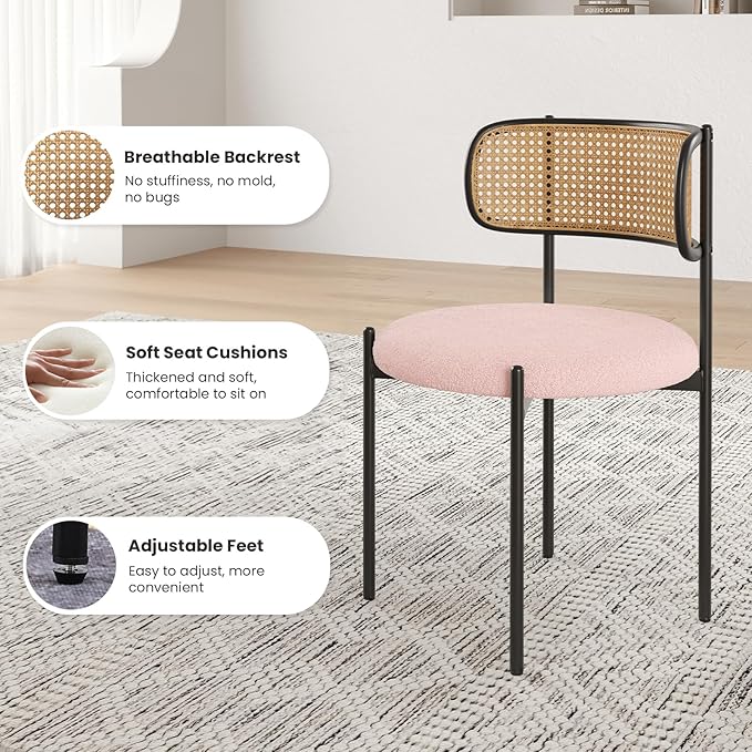 Farini Modern Upholstered Dining Chairs Set of 4,Rattan Back Dining Room Chairs,Accent Kitchen Chairs with Metal Legs,Pink