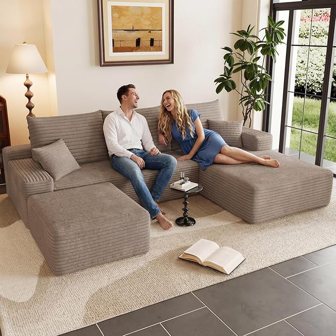 95" Cloud Sectional Couch with Ottoman,Modern U-Shaped Cloud Couch with Deep Seat,Comfy Corduroy 3-Seater Sofa,Memory Foam Sofa for Living Room,No Assembly (Camel,Right-Facing Chaise)