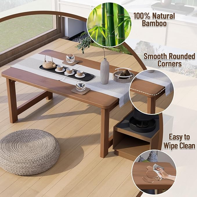 OETPJM Japanese Floor Table, Bamboo Folding Coffee Table, Portable Solid Wood Japanese Tatami Tea Table Table, No Assembly Japanese Dining Table for Sitting on The Floor, Easy Storage (Dark Walnut)