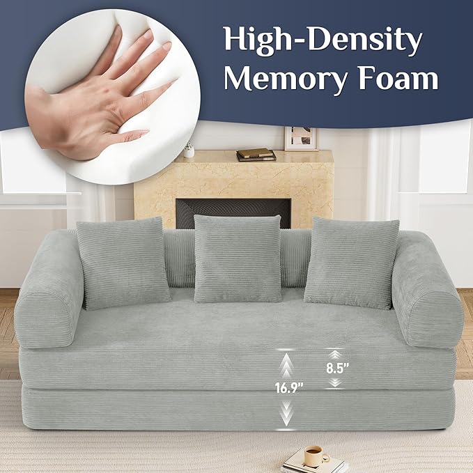 DAMAIFROM Convertible Sleeper Sofa Bed with Pillow, 4-in-1 Corduroy Folding Mattress Couch with Fixed-Shape Frame, Futon Fold Out Floor Sofa Cama Lounge Couch for Living Room Bedroom, Light Grey