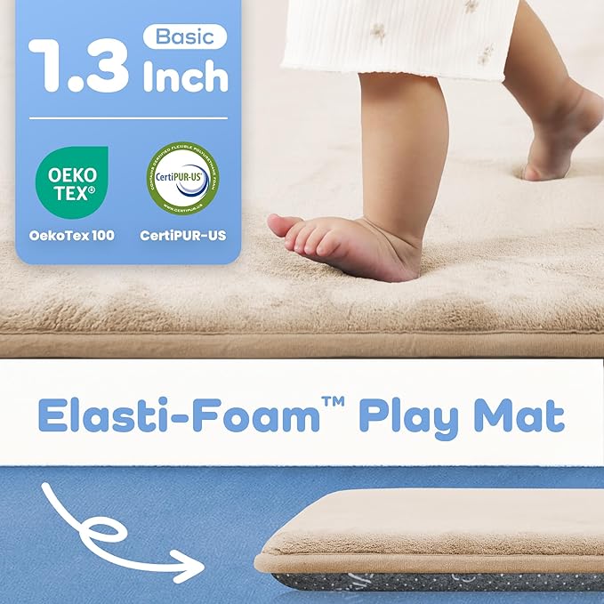 PAPAMAT 1.3" Thick Baby Floor Play Mat 79x158, Basic Padded Foam Mat for Tummy Time Crawling, Non Slip Cushioned for Babies Toddlers Infants Kids (Beige)