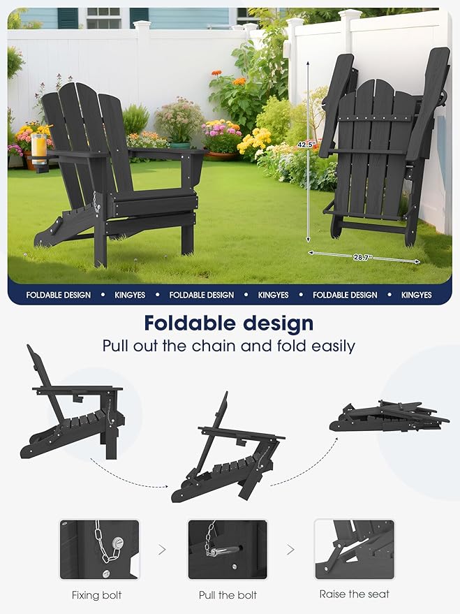 KINGYES Folding Adirondack Chair Set of 8, HDPE All-Weather Patio Chairs with Cup Holder, Wooden Textured Fire Pit Chairs for Poolside, Backyard, Deck, Grey