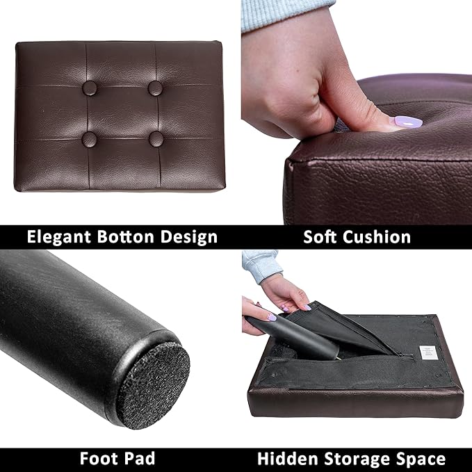 CAROLMADE Ottoman Foot Rest, PVC Small Ottoman Foot Stool with Legs Modern Footstool Ottomans for Living Room Entryway Office, Brown