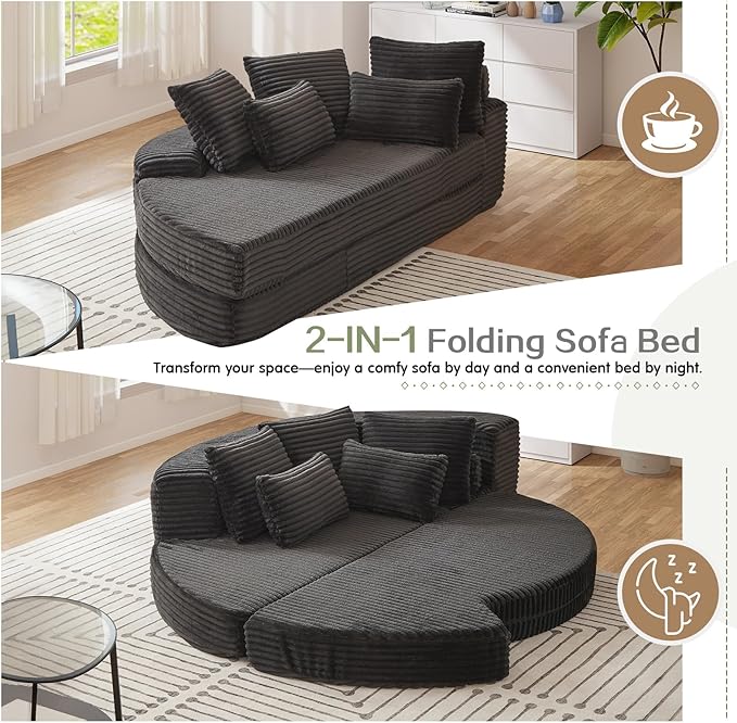 78-inch Oversized Round Chaise Lounge Chair Indoor, Convertible Folding Sofa Bed w/ 10 Pillows, Fluffy Corduroy Boneless Compressed Memory Foam Couch for Living Room, Bedroom (Black, Left & Right)