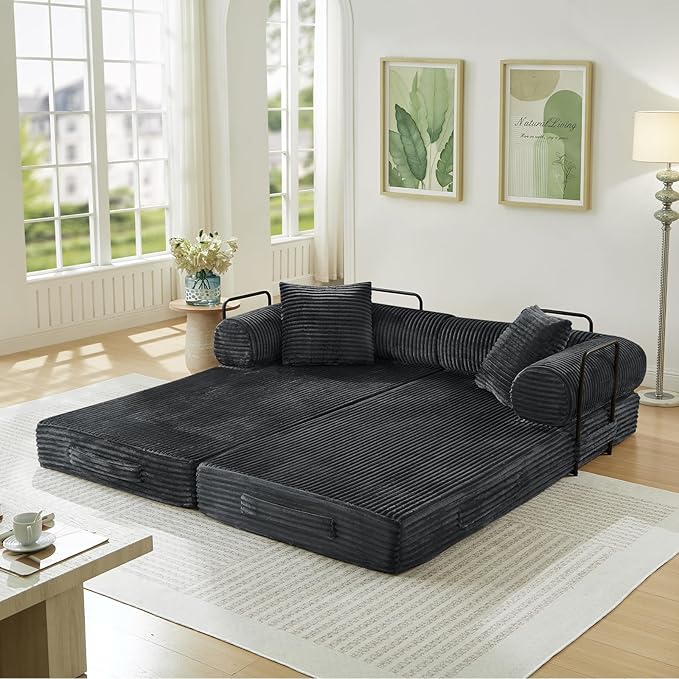 Modular Couch Bed, Convertible Folding Plush Corduroy Comfy Floor Memory Foam Compression Loveseat Sleeper Sofa Couch, King Size Bed for Guest Room Living Room Bedroom, No Assembly Required, Dark Grey
