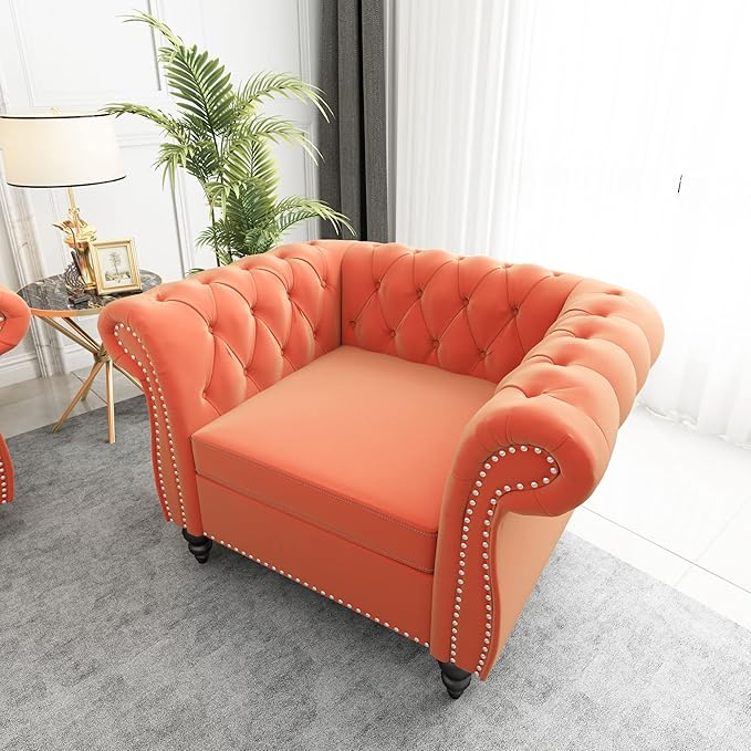 QHITTY Accent Chair, Chesterfield Chair Modern Velvet Upholstered Chairs with Tufted Back for Living Room Furniture (Orange)