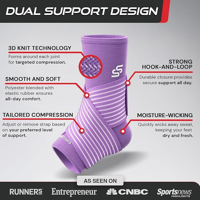 Sleeve Stars Ankle Brace for Women & Men, Ankle Wrap for Sprained Ankle, Compression Sleeve for Plantar Fasciitis Relief, Easy Customizable Support: w/Removable Strap (Single/M:10"-12"/Light Purple)