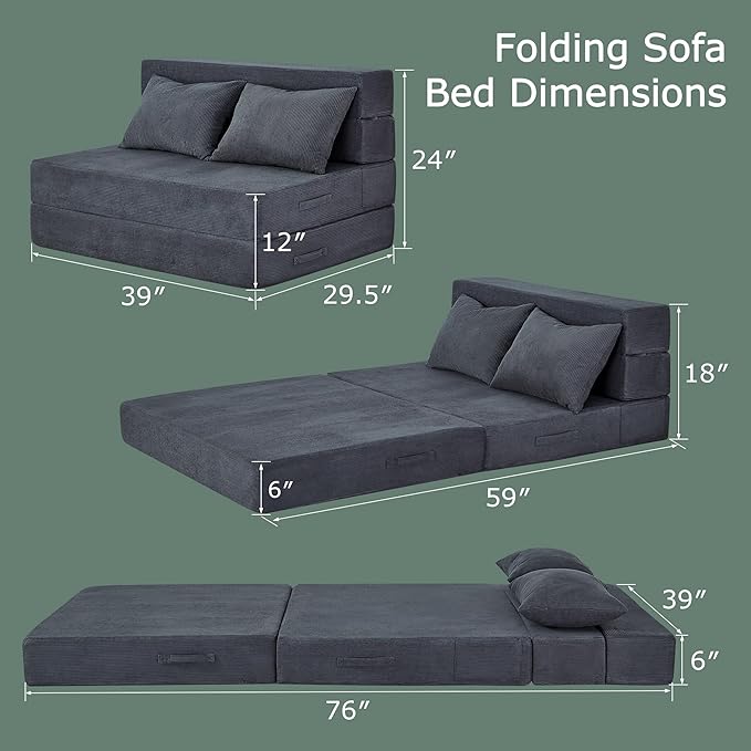 HILERO Folding Sofa Bed, 4 in 1 Convertible Sleeper Chair with Pillow, Twin Memory Foam Fold Out Chair Bed, Modern Floor Futon Sofa Couch Mattress for Living Room/Guest/Apartment, Dark Grey