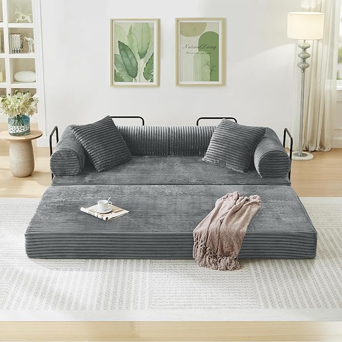 Modular Couch Bed, Convertible Folding Plush Corduroy Comfy Floor Memory Foam Compression Loveseat Sleeper Sofa Couch, King Size Bed for Guest Room Living Room Bedroom, No Assembly Required, Grey