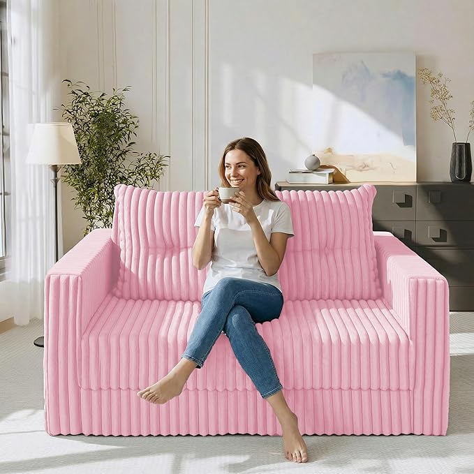 HABUTWAY Folding Sofa Bed, 2 in 1 Convertible Sleeper Chair with Pillow, Portable Fold Out Chair Bed with Armrest, Comfy Floor Couch, Lazy Sofa for Living Room Bedroom Dorm Home Office, Pink