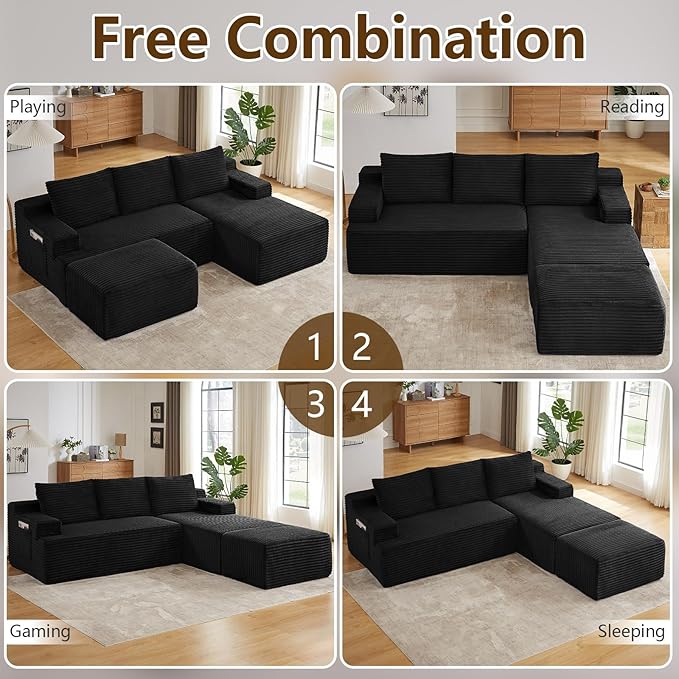 96" U-Shape Cloud Couch, Modern Modular Sectional L-Shape Sofa with Ottoman, Corduroy Upholstered Couches Deep Seat Sleeper Chaise Longue for Living Room, No Assembly Required(Black, Right Facing)