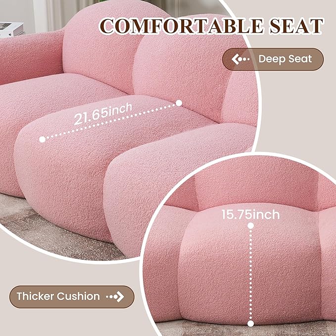 WJShome 90" Boneless Cloud Couch, Modern Curved Upholstered Boucle Sofa, Deep Seat Cozy 3 Seater Sofa, Plush Teddy Velvet Couches for Living Room, Bedroom, Apartment (Pink)