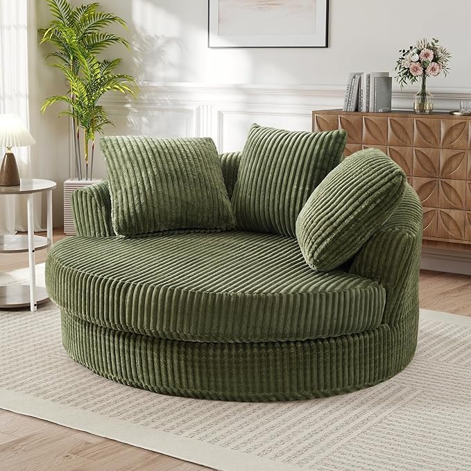61"W Oversized Round Chaise Lounge Chair Indoor, Upholstered Corduroy Large Circle Boneless Chair with Deep Seat, No Assembly Required, Modern Comfy Cloud Sofa Chairs for Living Room, Bedroom(Green)
