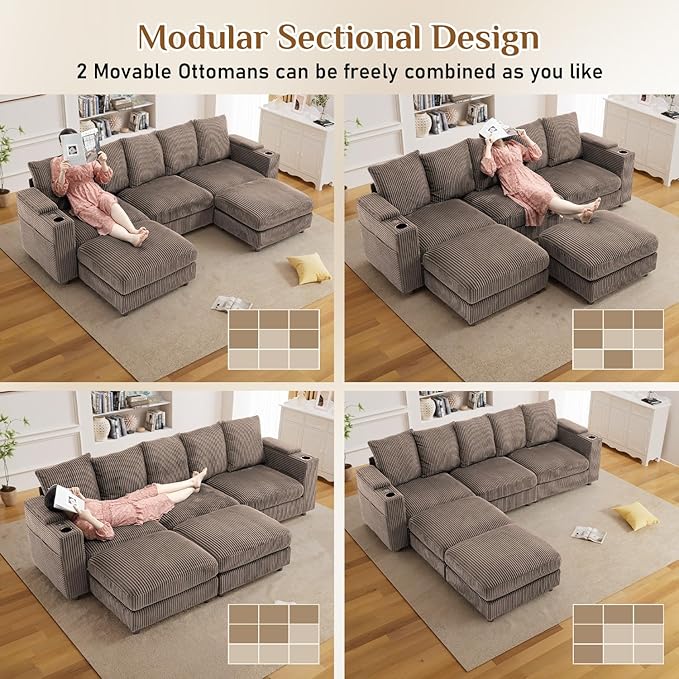 110" W x 60" D U Shape Sectional Sofa with USB Charging & Cup Holder & Storage, 5 Seater Plush Corduroy Couches with Movable Ottoman, Cloud Couch Sofas for Living Room, DIY Combination - Brown