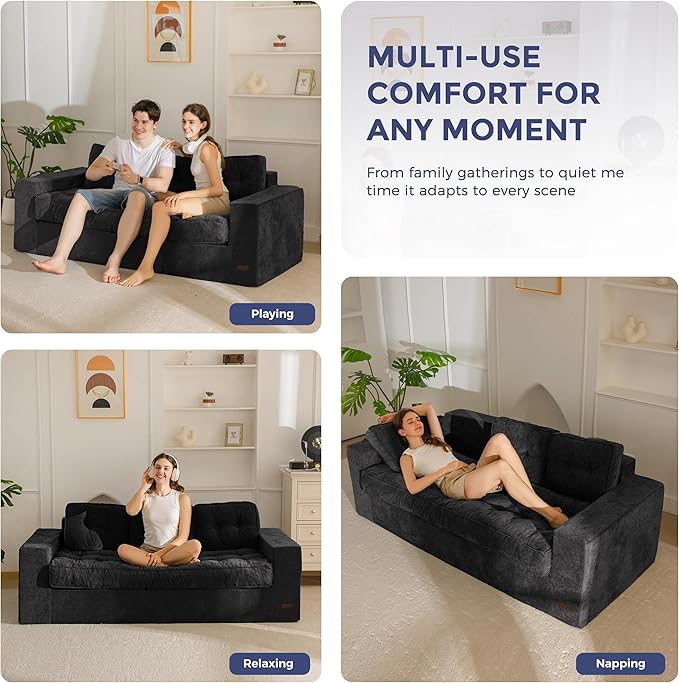 MAXYOYO Boneless Sofa Couch, Loveseat Sofa for Small Space, Tufted 3-Seater Floor Couch Bean Bag Chair for Living Room Bedroom Apartment, Sofa in a Box, No Assembly Needed, Black