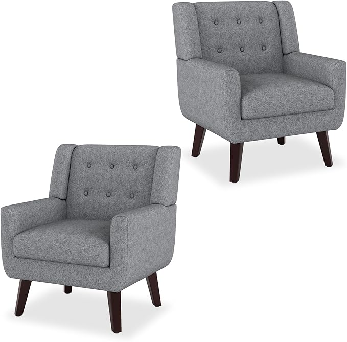 Accent Chairs Set of 2, Mid-Century Modern Upholstered Living Room Armchair, Comfy Oversized Linen Fabric Single Reading Arm Chair with Tufted Back and Wood Legs for Bedroom, Club (2, Grey)