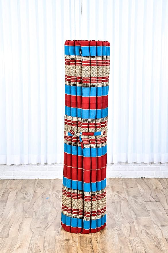 Leewadee - Foldable Floor Mattress - Japanese Roll Up Futon -Trifold Tatami Mat- Guest Floor Bed - Camping Mattress - Thai Massage Mat, Kapok Filled, 75 x 57 inches, Blue Red
