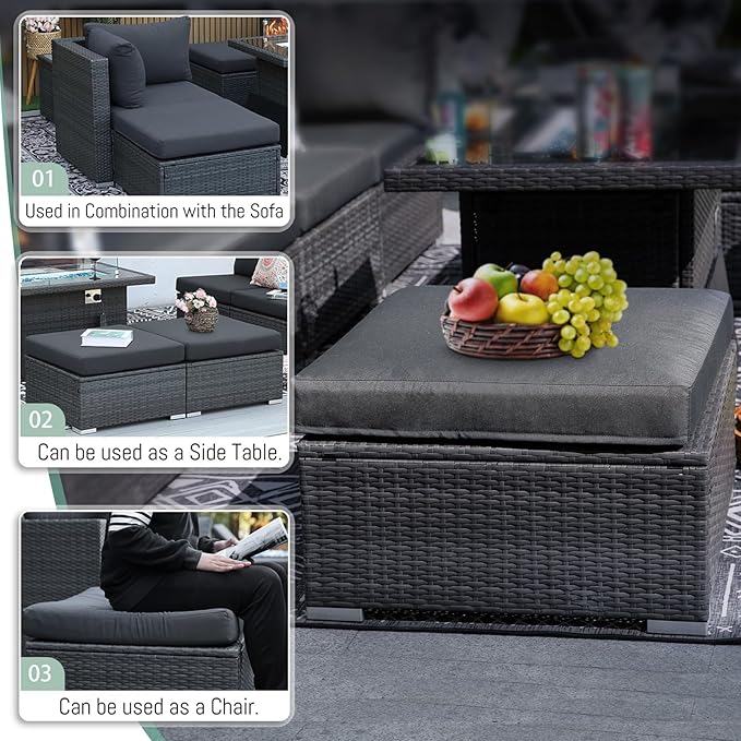 RADIATA 10 Piece Wicker Patio Furniture Set with Fire Pit, All-Weather Outdoor Sectional Couch High Back Large Size, Modular Backyard Seating Sofa Set with Propane/Natural Gas Firepit Table, Dark Grey