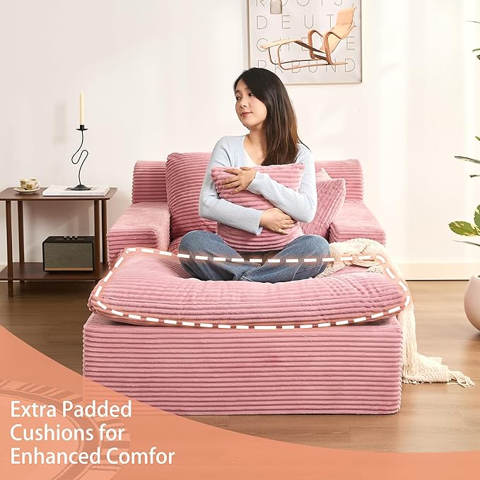 63" Oversized Boneless Chaise Lounge Chair, Extra Cloud Layer, Convertible Sleeper Sofa Couch with Removable Pillows & Side Pockets, Corduroy Upholstered Sofa Bed with Armrests for Living Room, Pink