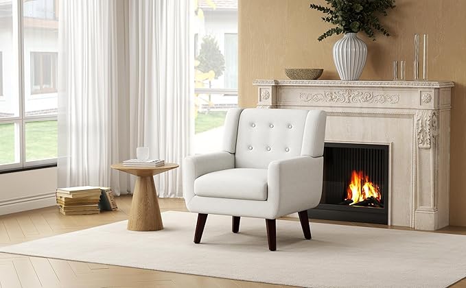 Accent Chairs, Mid-Century Modern Upholstered Living Room Armchair, Comfy Oversized Linen Fabric Single Reading Arm Chair with Tufted Back and Wood Legs for Bedroom, Club (1, Beige)
