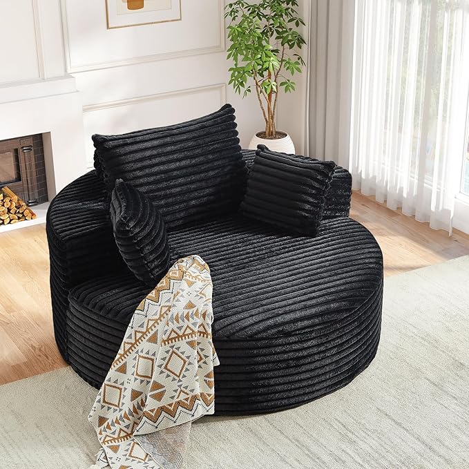 Oversized Round Chaise Longue Chair Indoor, Modern 55-inch Upholstered Corduroy Deep Seat Circle Single Cloud Lounge Floor Sofa Chair for Living Room, Bedroom Apartment, Black